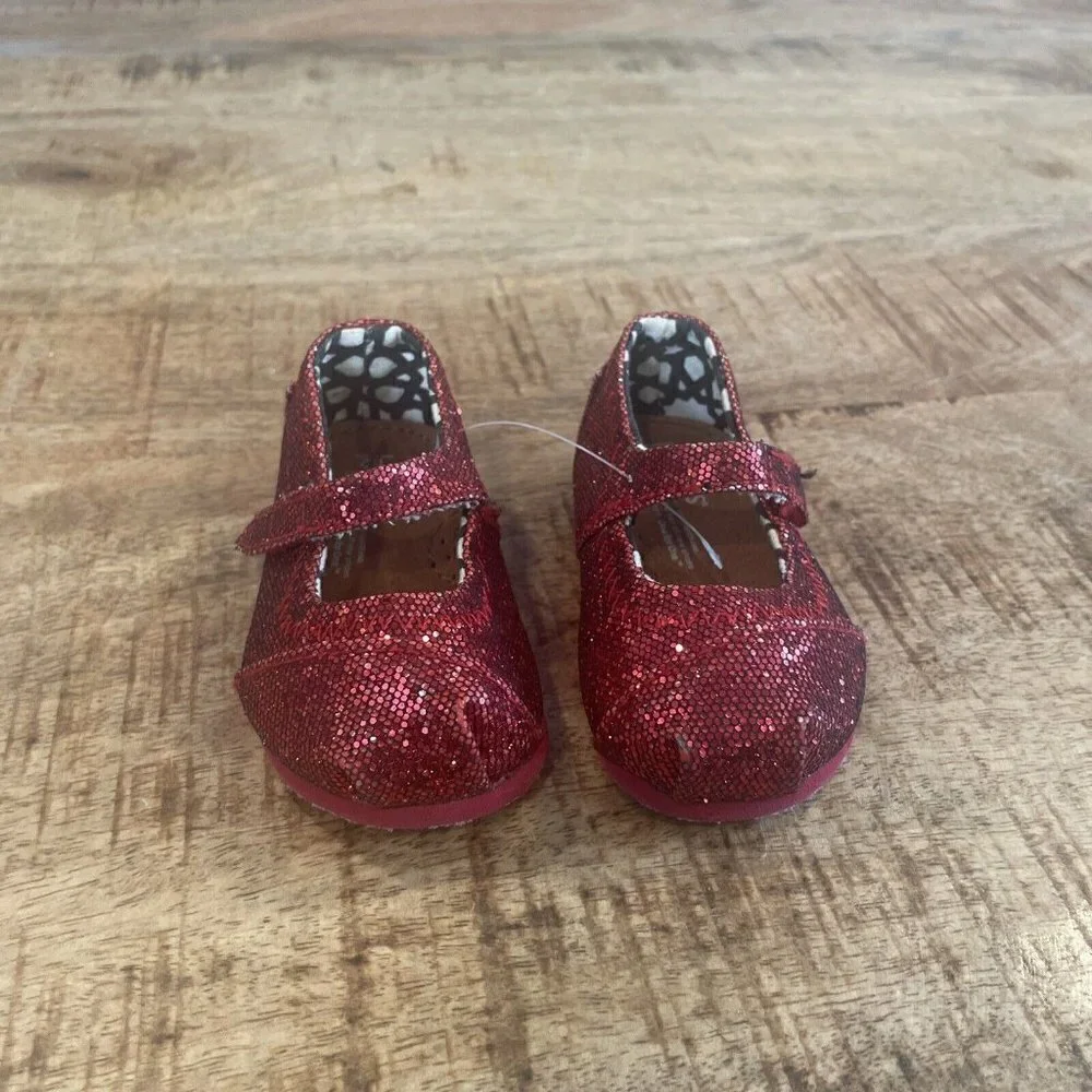 Toms Red Sparkle Mary Jane Shoes Slip On Hard Soles Formal Toddler Baby Size 2